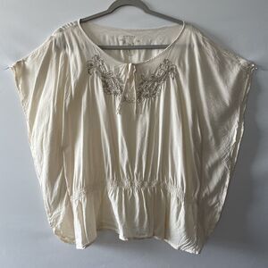Sonoma Peasant Blouse Boho Cream Embroidered Smocked Waist Dolman Top Size L